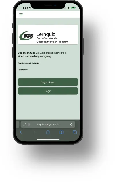 Startbildschirm der IGS-Lern-App für Güterkraftverkehr