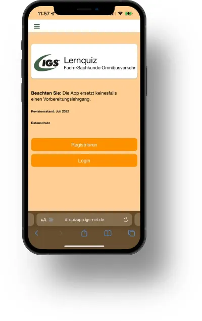 Startbildschirm der IGS-Lern-App für den Omnibusverkehr
