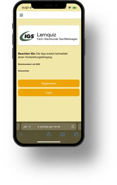 Startbildschirm der IGS-Lern-App für Taxi und Mietwagen